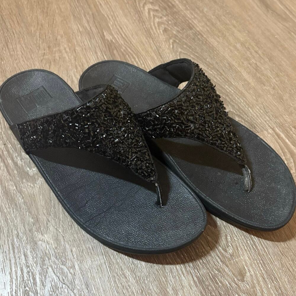 FitFlop Lulu CJ2-090 Black Shimmer Beaded Thong Sandals Size 9 EU 41​